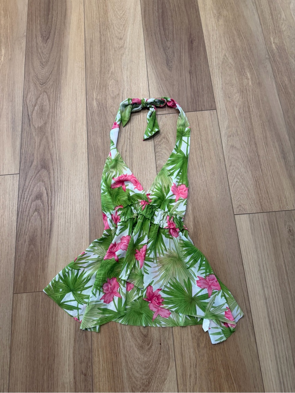 Y2K White Halter Top with Green Palm & Pink Floral Print